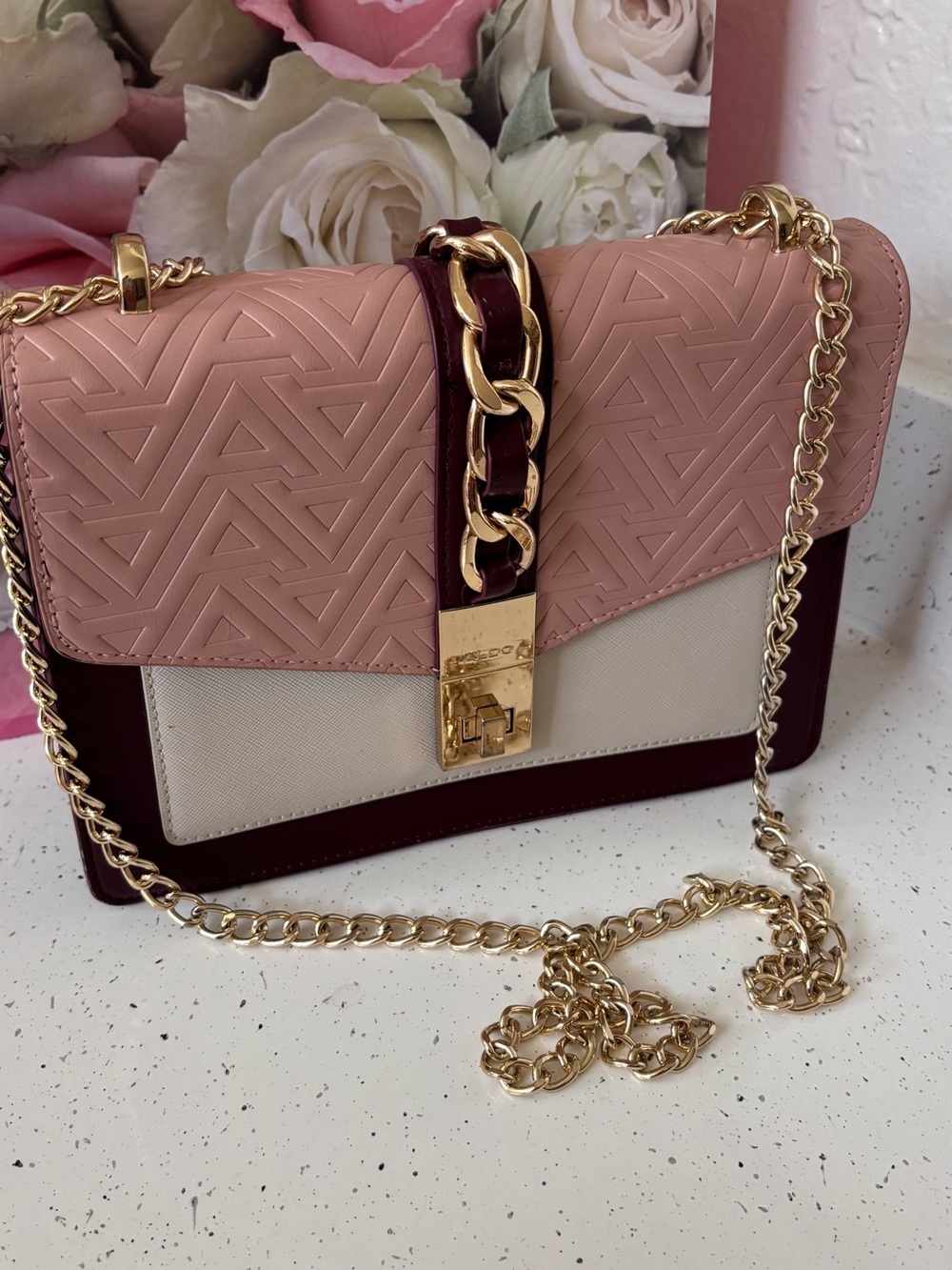 Aldo Pink, Cream & Burgundy Chain Crossbody Bag